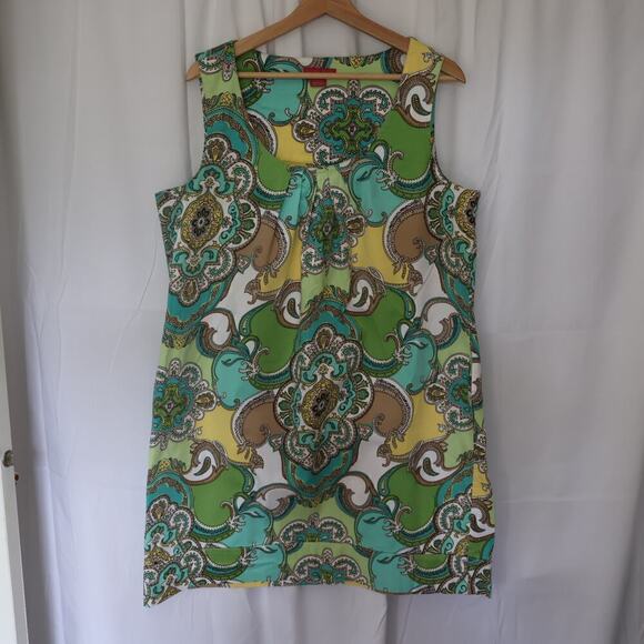 Sunny Leigh Linen Sheath Women Sz 16 Floral GreenYellowBlue Midi Sleeveless - Picture 3 of 16